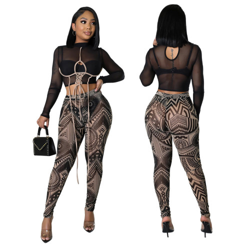 Sexy see-through long-sleeved top + printed leggings two-piece set