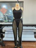 2022 summer vest net yarn pants hot drill sexy perspective solid color sports two-piece suit