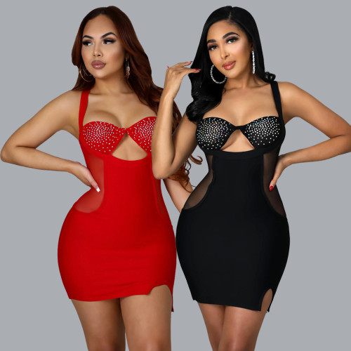 Sexy temperament package hip skirt suspenders wrap chest hot drill slim dress