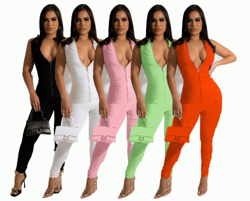 2022 Sleeveless Slim High Waist Solid Color Pleated Sexy Jumpsuit