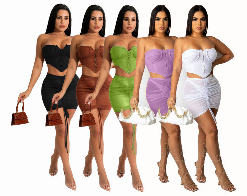 2022 summer sexy chest wrapping solid color mesh gauze perspective wrap hip skirt two-piece set