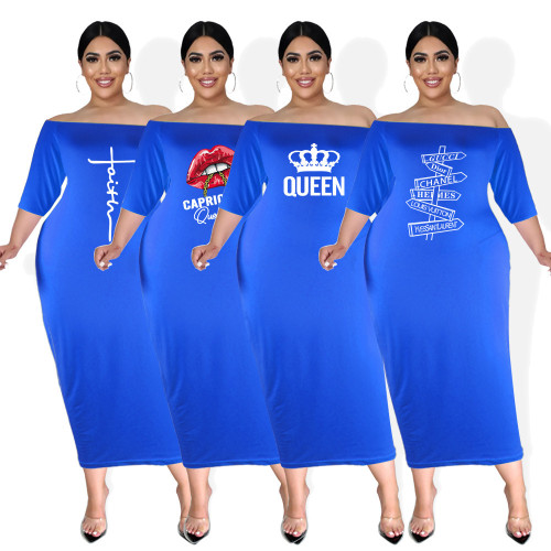 2022 Summer Plus Size One Shoulder Print Tube Top Solid Color Dress