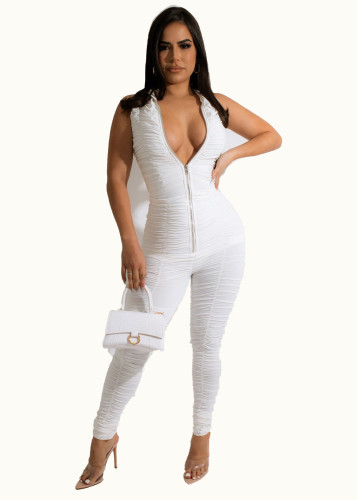 2022 Sleeveless Slim High Waist Solid Color Pleated Sexy Jumpsuit