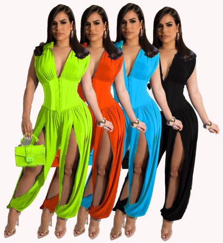 2022 Short Sleeve Sleeveless Stitching Solid Color Slim Fit Jumpsuit