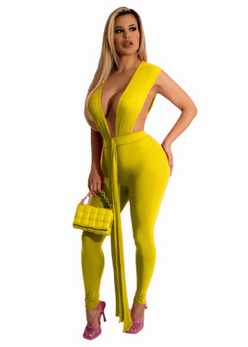 2022 Summer Sexy Sleeveless Slim Solid Color Jumpsuit