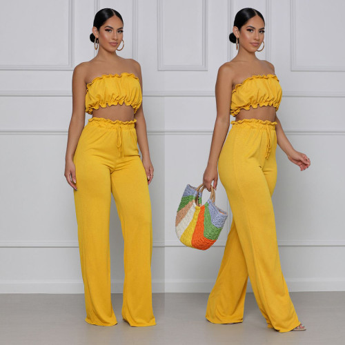 Solid Color Casual Tube Top Pants Two-Piece Set