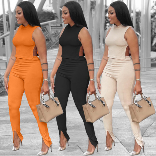 Summer Sexy casual solid color round neck sleeveless side slit tie two-piece suit