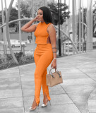 Summer Sexy casual solid color round neck sleeveless side slit tie two-piece suit