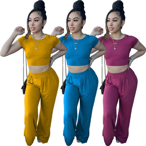 Casual Solid Color Tights Loose Pants Two Piece Set