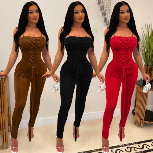 2022 summer casual sexy solid color back pleated sling tie jumpsuit