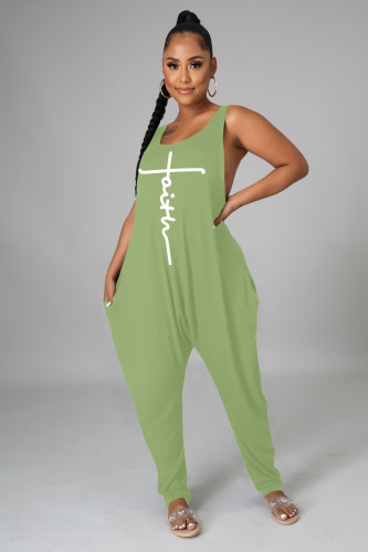 Casual Loose Solid Print Crew Neck Sleeveless Pocket Jumpsuit