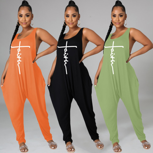 Casual Loose Solid Print Crew Neck Sleeveless Pocket Jumpsuit