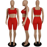Summer Solid Color Ribbed Body Tank Top Five Pants Casual Sports Two-piece Set
