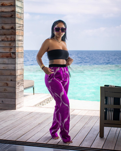 Solid color bandeau printed trousers two-piece set