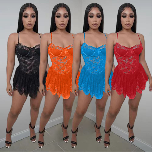 Solid Color Lace  Sling Ultra Short Sexy Dress