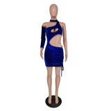 Nightclub Asymmetric sloping shoulder solid color sexy hole dress