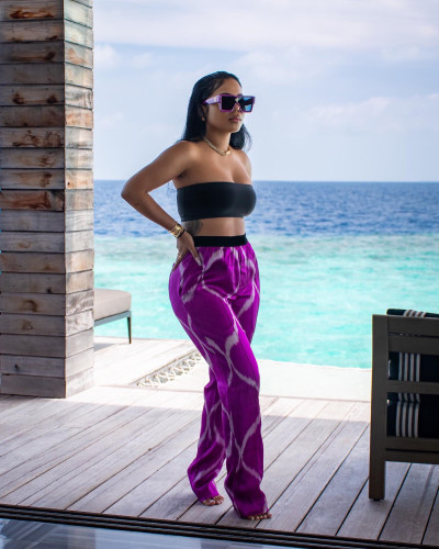 Solid color bandeau printed trousers two-piece set