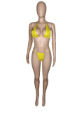 Summer Sexy Bikini Solid Color Mesh Cloth Mini Tight Strap Three Piece Swimsuit