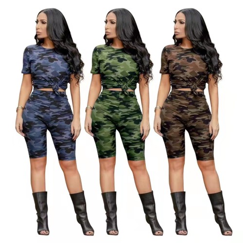 Summer Camouflage Print Short Sleeve Sports Two Piece
