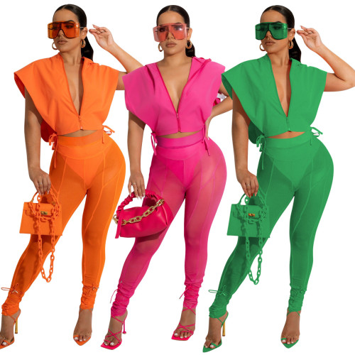 Summer temperament solid color top + net yarn  pants three-piece suit（with panties）