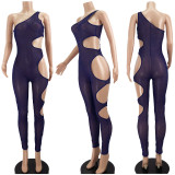 2022 net yarn  slanted shoulder print cutout jumpsuit