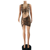 2022 short skirt mid-rise cropped leopard print lace-up drawstring dress