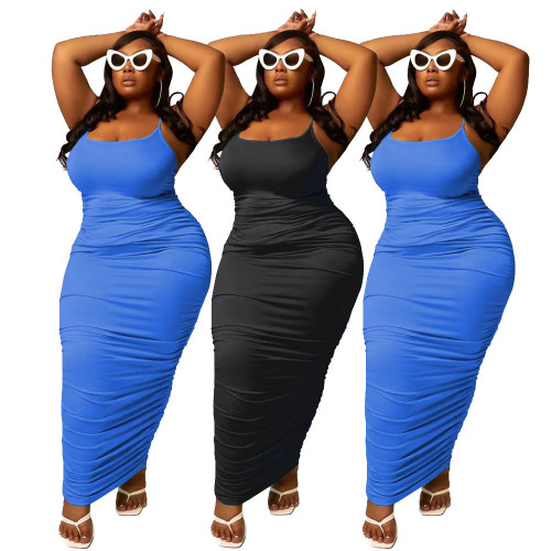 summer plus size solid color pleated suspender dress