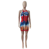 Spring/Summer Plus Size Printed Sling Zipper Dress