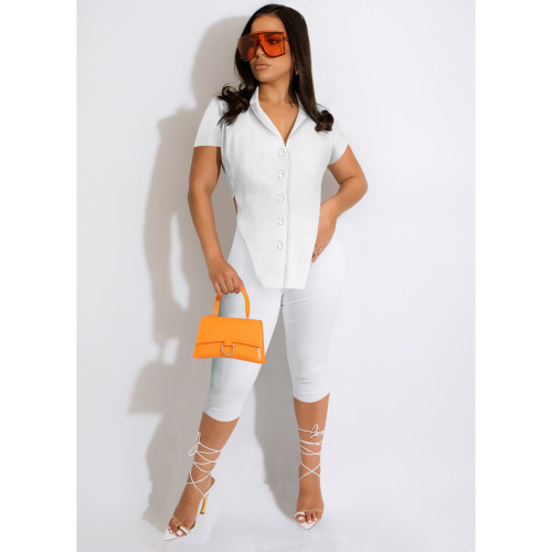 Summer solid color shirt v-neck slit top cropped trousers two-piece suit