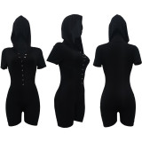 Solid Single-Breasted Buttoned Short Sleeve Hooded Jumpsuit