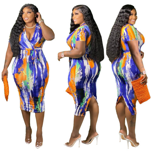 Spring/Summer Plus Size Print Hip Pack Lace Up Sexy Dress