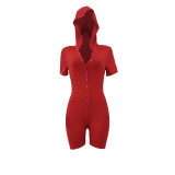 Solid Single-Breasted Buttoned Short Sleeve Hooded Jumpsuit