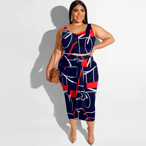 Summer Plus Size Printed Loose Casual Lace-up Two-Piece Set