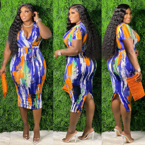 Spring/Summer Plus Size Print Hip Pack Lace Up Sexy Dress