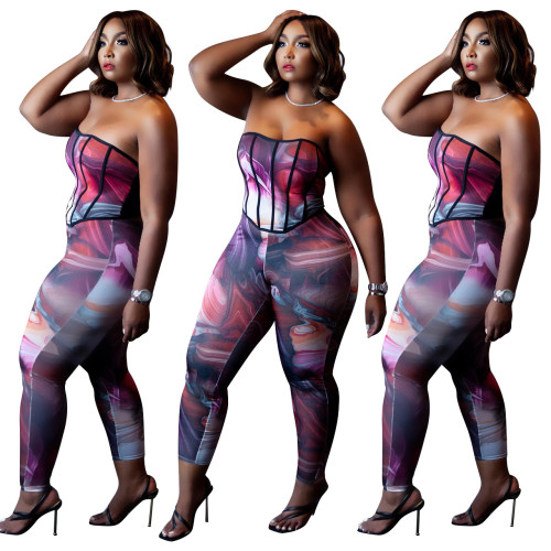 2022 summer plus size printed tie-dye wrap chest trousers two-piece set