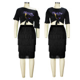 2022 summer plus size printed short-sleeved T-shirt fringed skirt two-piece skirt