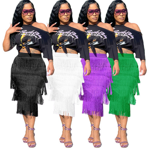 2022 summer printed short-sleeved t-shirt knotted skirt tassel skirt two-piece set