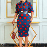 Summer 2022 Short Sleeve Dot Print Waist Dress with Belt