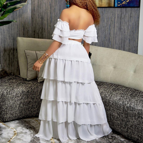 2022 sexy ruffled one-shoulder top cake skirt two-piece set