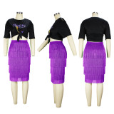 2022 summer plus size printed short-sleeved T-shirt fringed skirt two-piece skirt