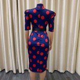 Summer 2022 Short Sleeve Dot Print Waist Dress with Belt