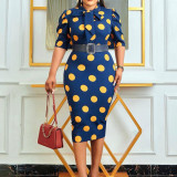 Summer 2022 Short Sleeve Dot Print Waist Dress with Belt