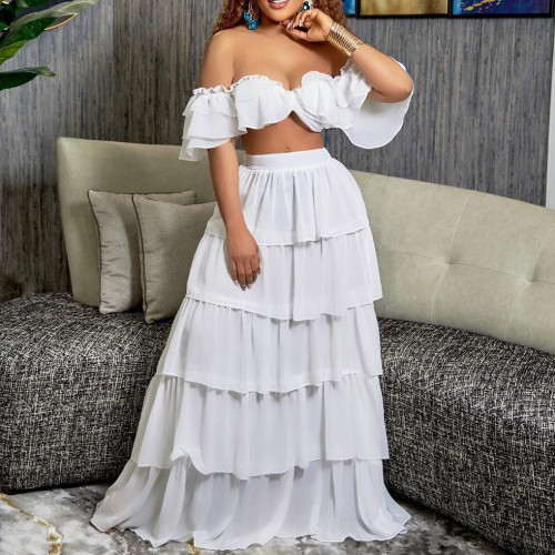 2022 sexy ruffled one-shoulder top cake skirt two-piece set