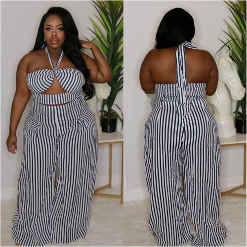 Summer sexy plus size black and white stripes two-piece suit