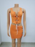 Summer sexy solid color lace-up hollow two-piece suit