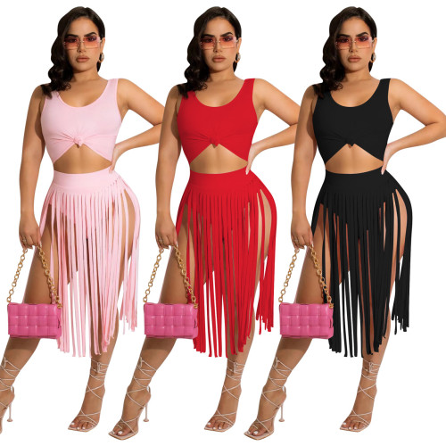 Summer solid color top + fringed hakama two-piece set