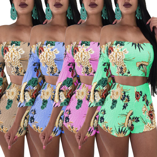 Summer print one-shoulder flared sleeve two-piece set