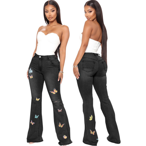 Slim Fit Butterfly Embroidery Wide Leg Stretch Flared jeans