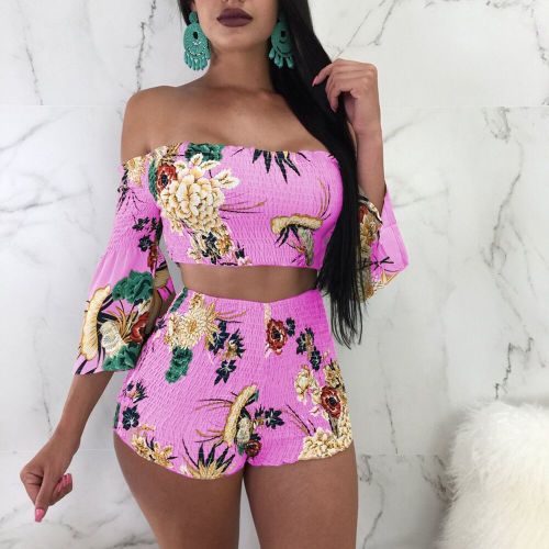 Summer print one-shoulder flared sleeve two-piece set