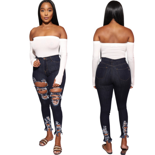 Sexy ripped washed slim-fit stretch denim pencil pants
